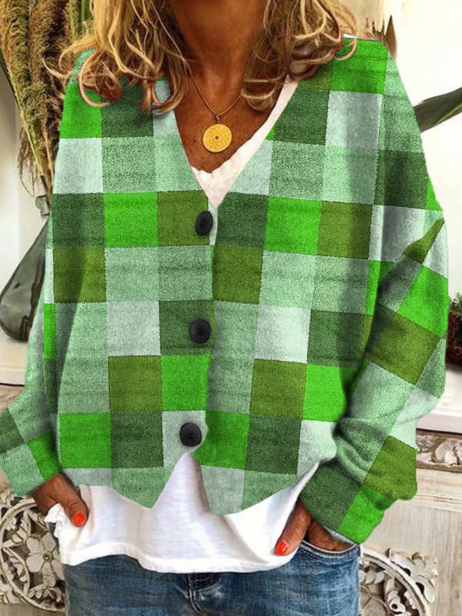 Vintage Check Print Casual Loose Button Flannel Cardigan
