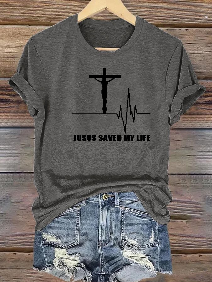 Women's casual Jesus faith cross ECG letter print T-shirt