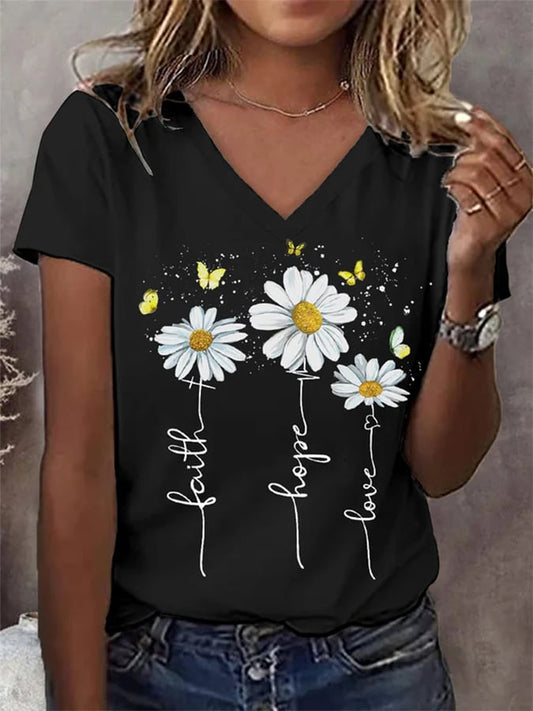 Women's Faith Casual Daisy Butterfly Lettering Printed Round Neck Short Sleeve T-Shirt