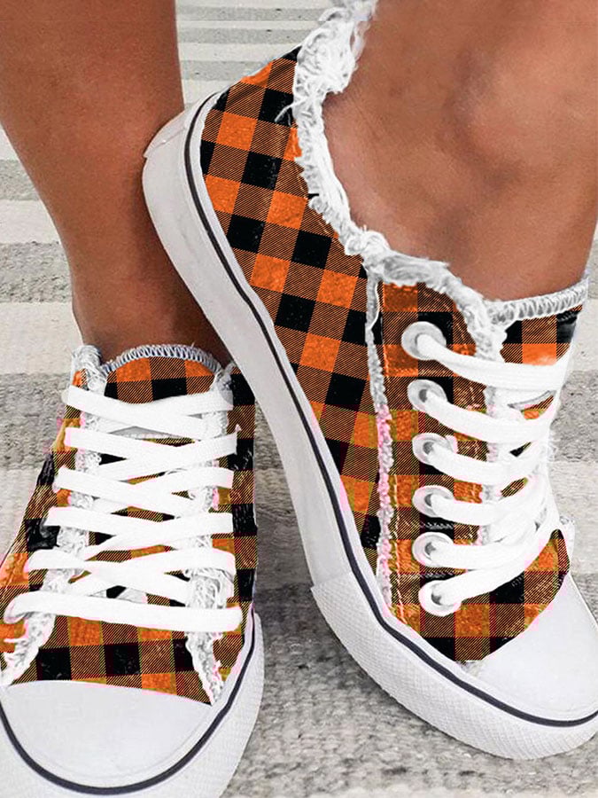 Plaid Print Frayed Sneakers