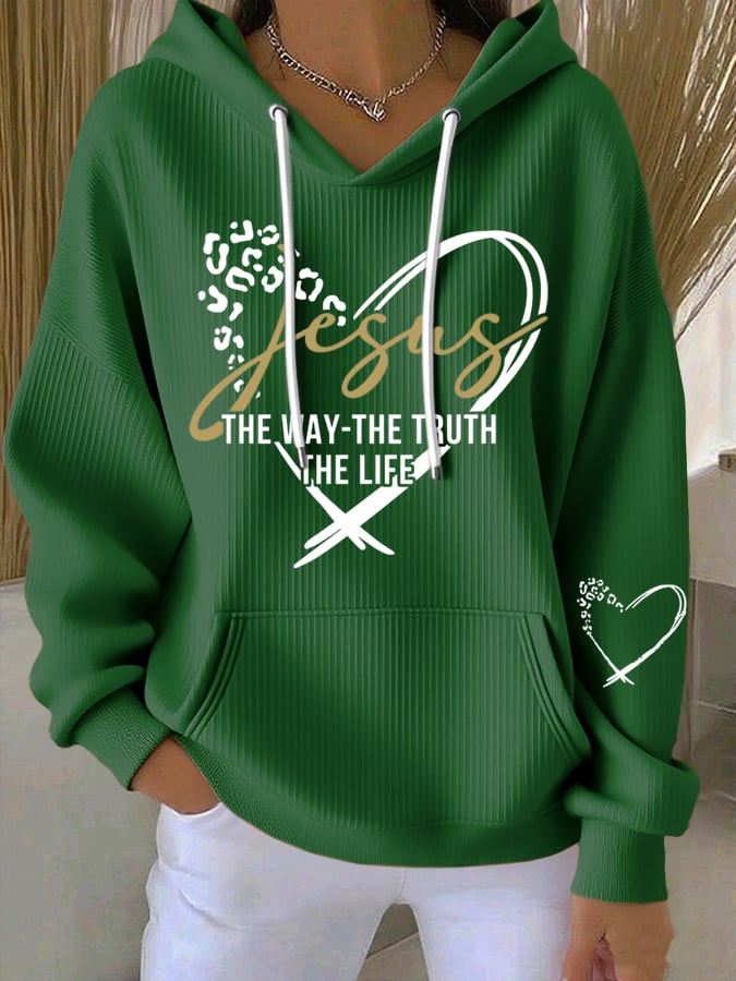 Women's Vintage Faith The Way The Truth The Life Printed Casual Ribbed Hoodie