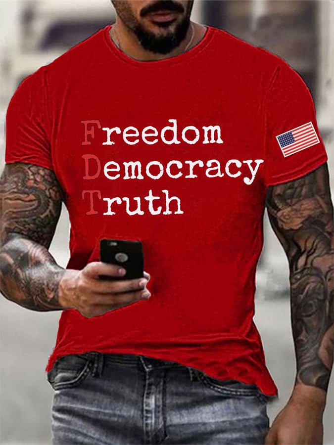 Men's Freedom Democracy Truth Print Round Neck T-Shirt