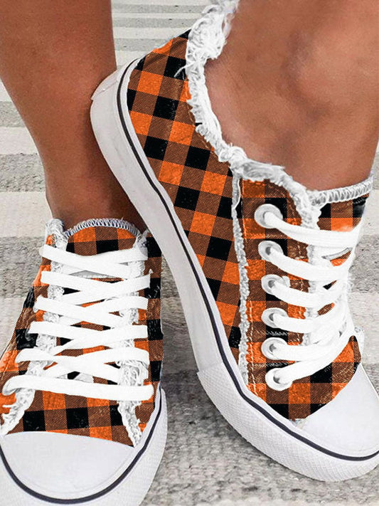 Plaid Print Frayed Sneakers