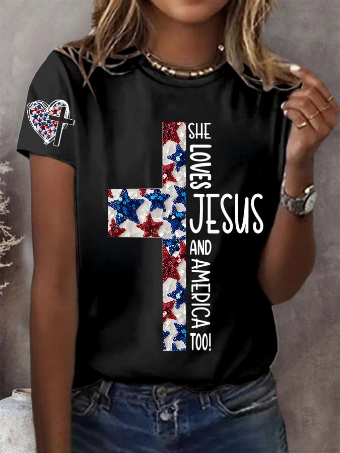 Women's She Jesus And Love America Too! T-Shirt