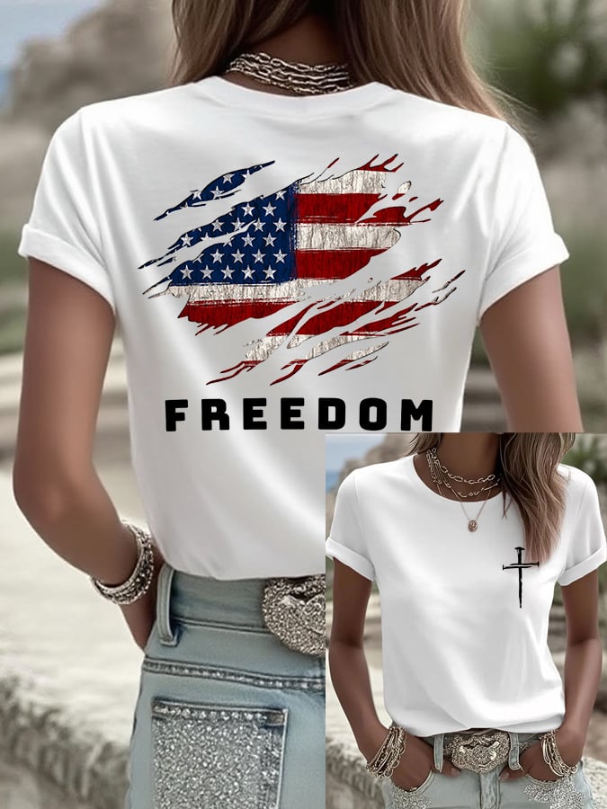 Women's Freedom American Flag Printed Casual T-Shirt