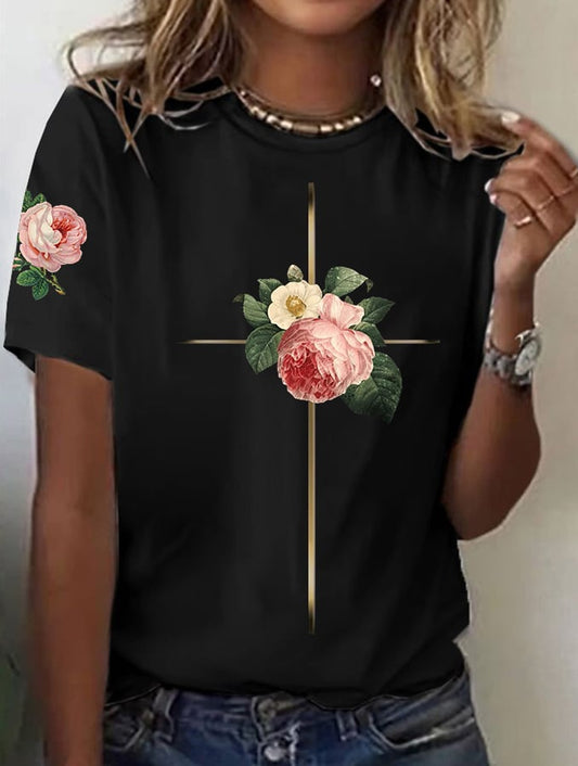 Women's Vintage Floral Metal Cross Print Short Sleeve T-Shirt