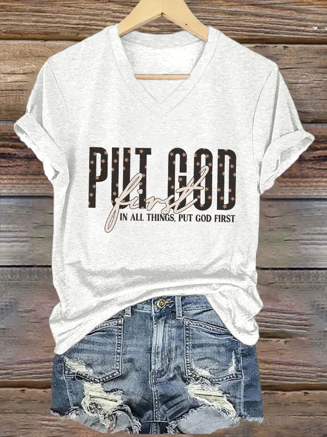 Women's Casual Christian Faith Graphic Print V-Neck Short Sleeve T-Shirt