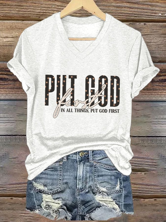 Women's Casual Christian Faith Graphic Print V-Neck Short Sleeve T-Shirt