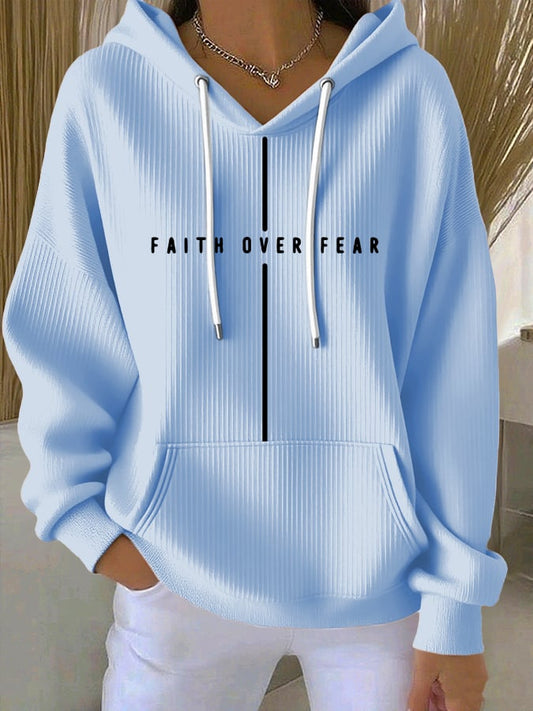 Women's Vintage Faith Faith Over Fear Printed Casual Ribbed Hoodie