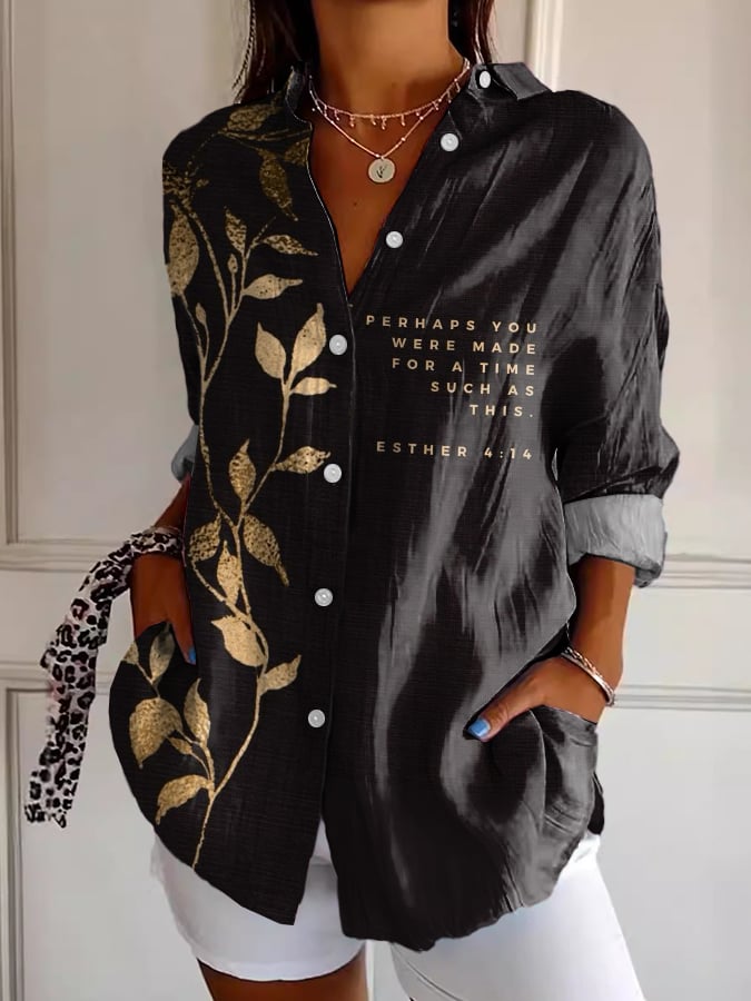Women's Casual Gold Leaf Faith Esther 4:14 Print Short Sleeve Shirt