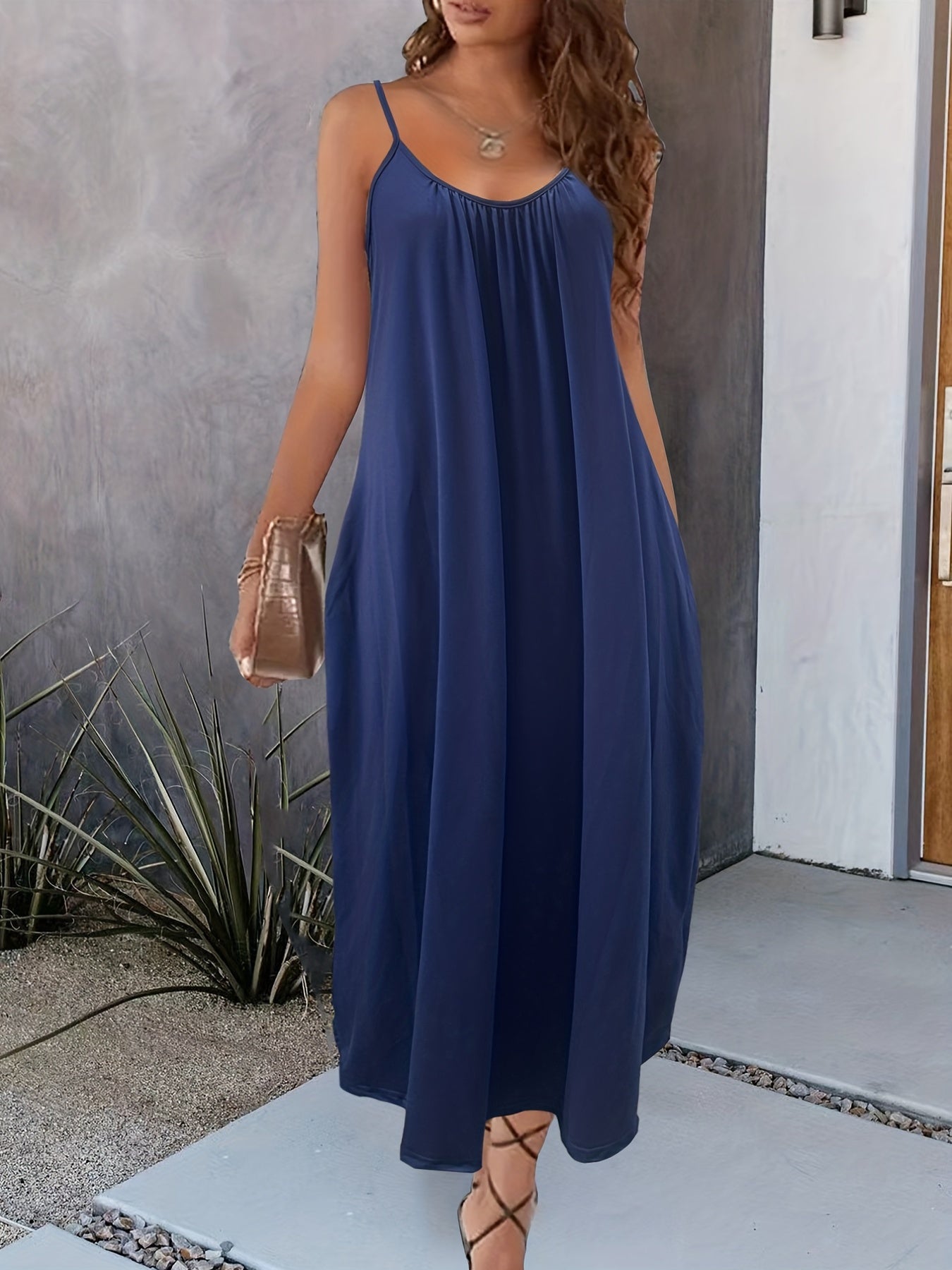 Solid Pockets Loose Spaghetti Dress