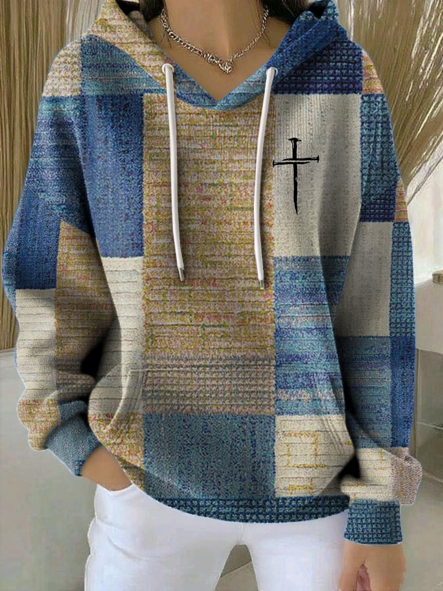 Women's Casual Autumn Faith Contrast Color Square Striped Cardigan Hoodie