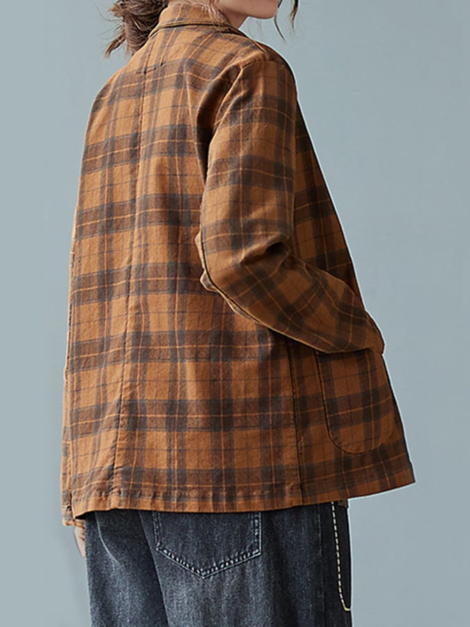 Women'S Cotton Plaid Loose Fit Blazer