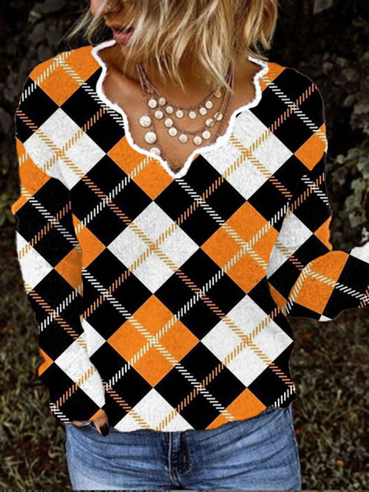 Women's Autumn Check Print V-Neck Top