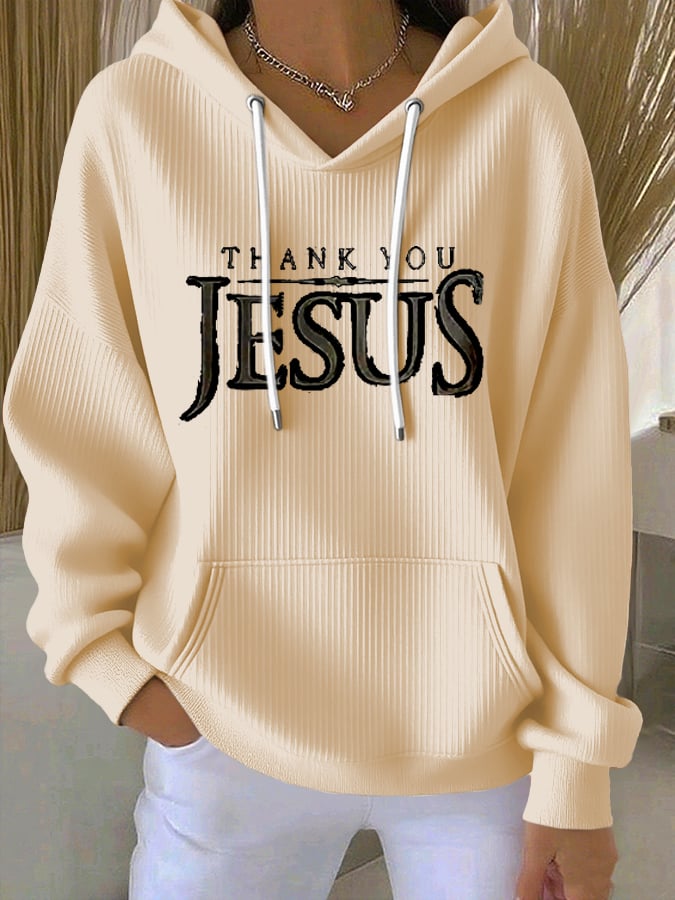 Women's Vintage Faith Thank You Jesus Printed Casual Ribbed Hoodie