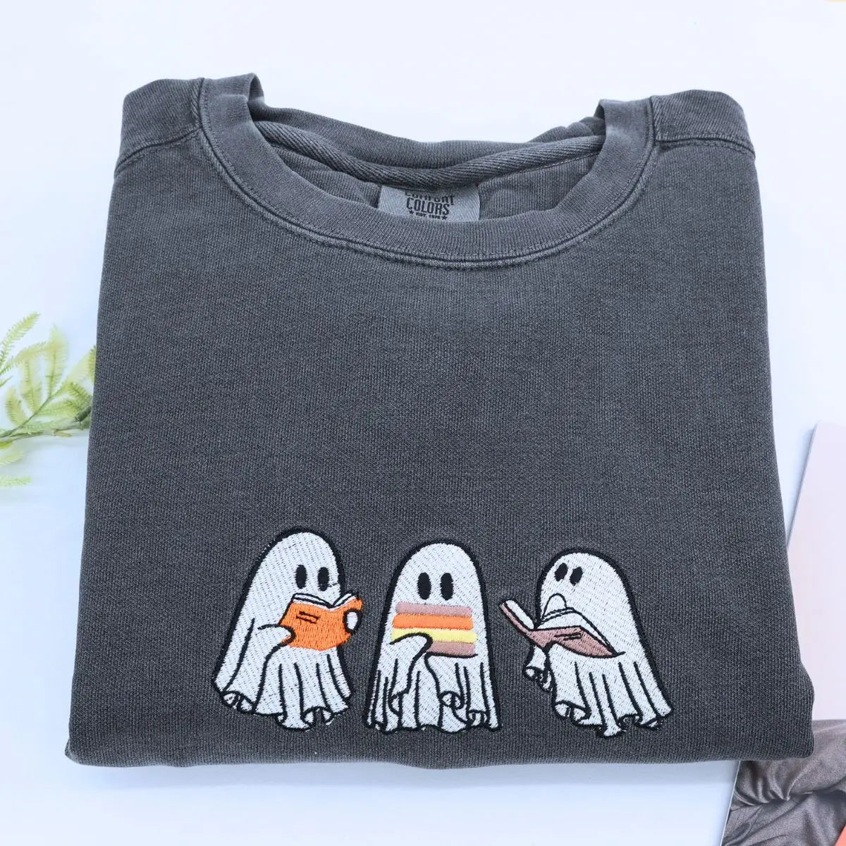 Halloween Ghost Book Shirt, Embroidered GIft for Spooky Season, Halloween Gift